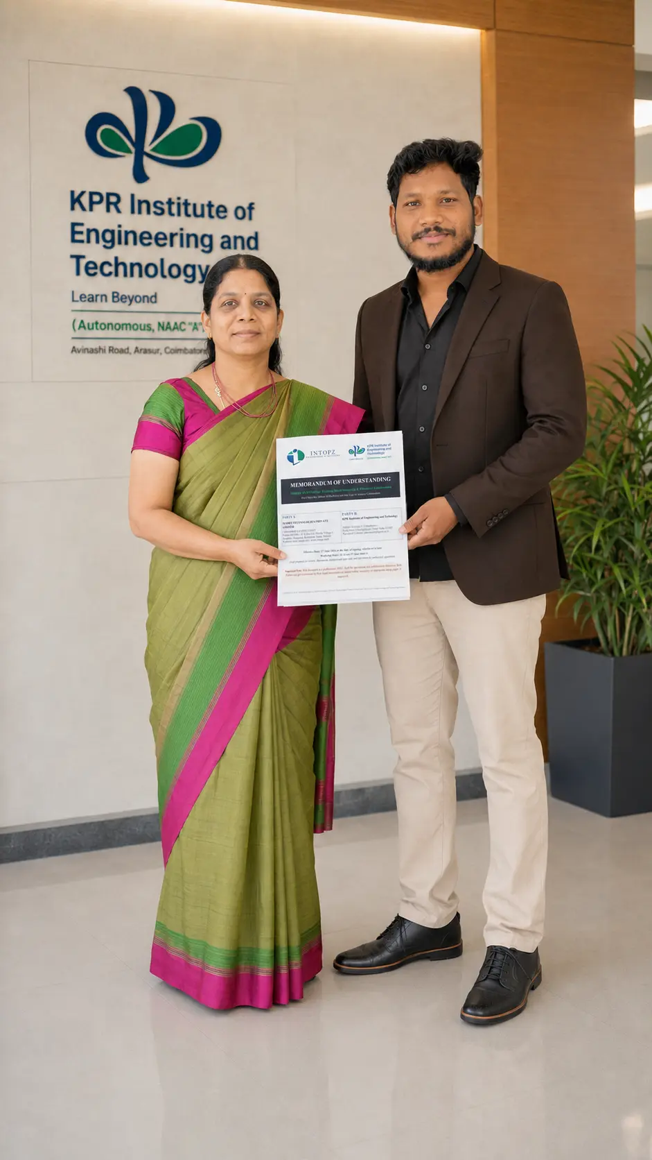 Prem Sagar B holding the MOU document at KPR Institute of Engineering and Technology